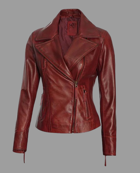 Women's Maroon Asymmetrical Biker Leather Jacket