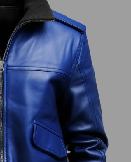Men's Blue Leather Bomber Jacket