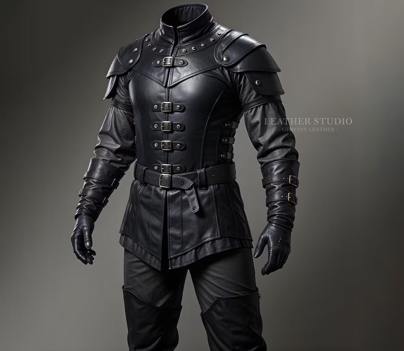 Custom Black Leather Medieval Armor Vest Men's Warrior Vest Shoulder Armor & Studs Buckle Closure Fantasy Attire