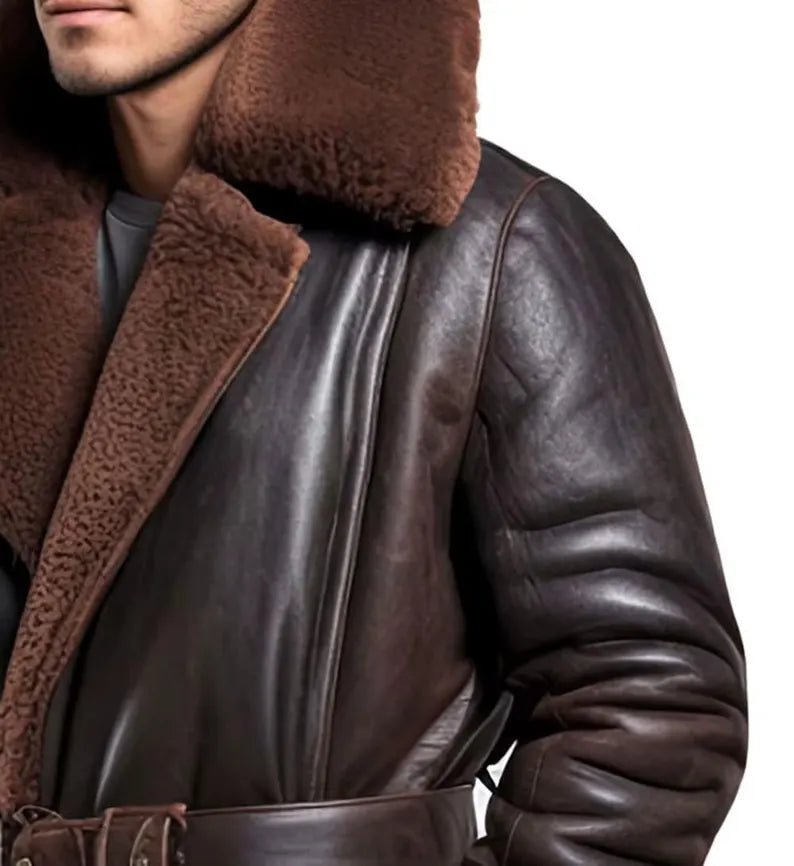 Men Leather Fur Coat Genuine Sheepskin Leather Fur Long Coat