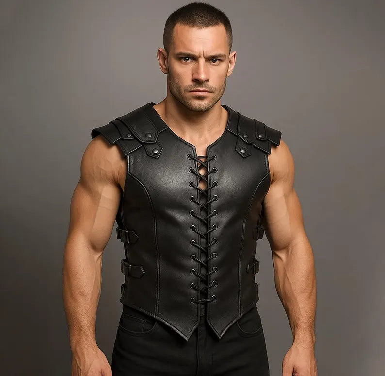 Men’s Black Gladiator Leather Vest Warrior Armor Corset Style Vest Gothic Cosplay Festival Costume Custom Handmade Biker Vest