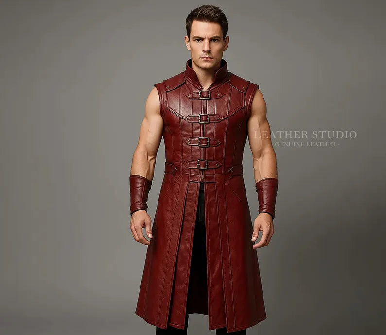 Red Leather Warrior Vest Handmade Fantasy Cosplay Tunic Custom LARP Renaissance Sleeveless Coat Medieval Armor Style Costume for Men