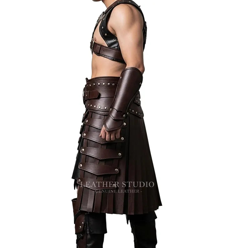 Men’s Brown Leather Kilt Armor Set | Gladiator Warrior Barbarian Outfit | Medieval Renaissance LARP & Fantasy Cosplay Costume | Custom Made