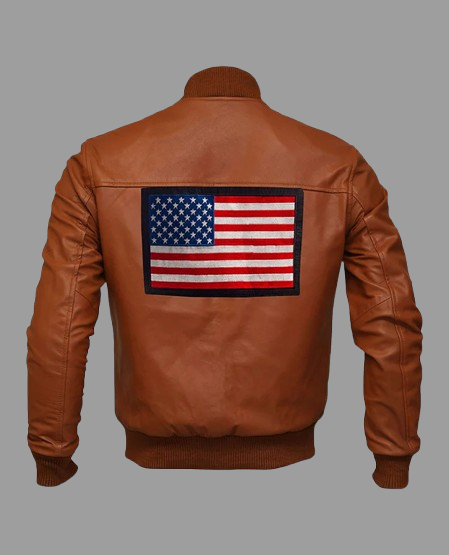 Men's Bomber US Flag Tan Brown Sheepskin Leather Jacket