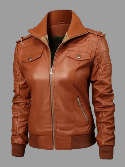 Women's Brown Leather Bomber Jacket