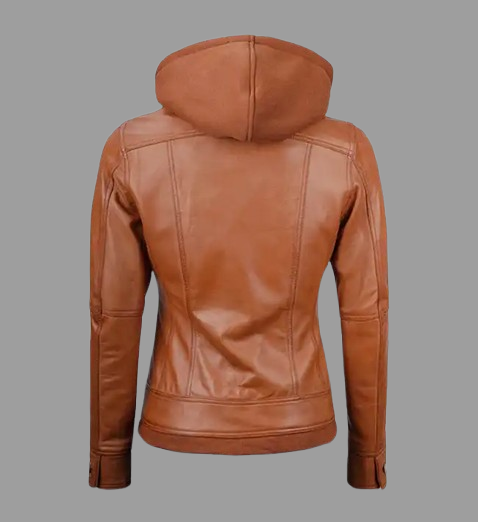 Women's Tan Wax Leather Jacket With Detachable Hood