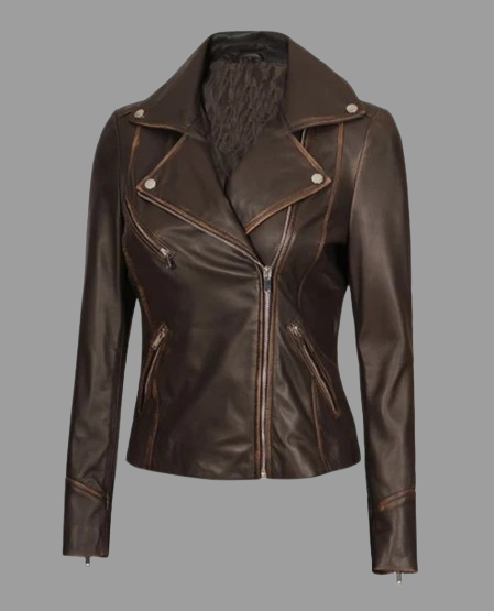 Women's Brown Rub-off Vintage Leather Biker Jacket