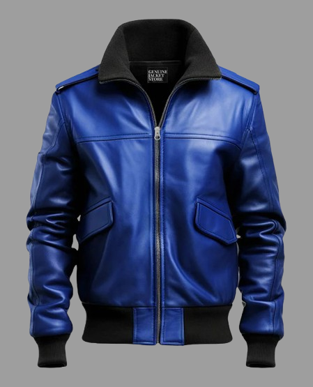 Men's Blue Leather Bomber Jacket