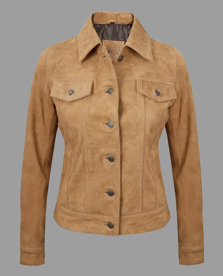 Women's Light Brown Suede Leather Trucker Jacket