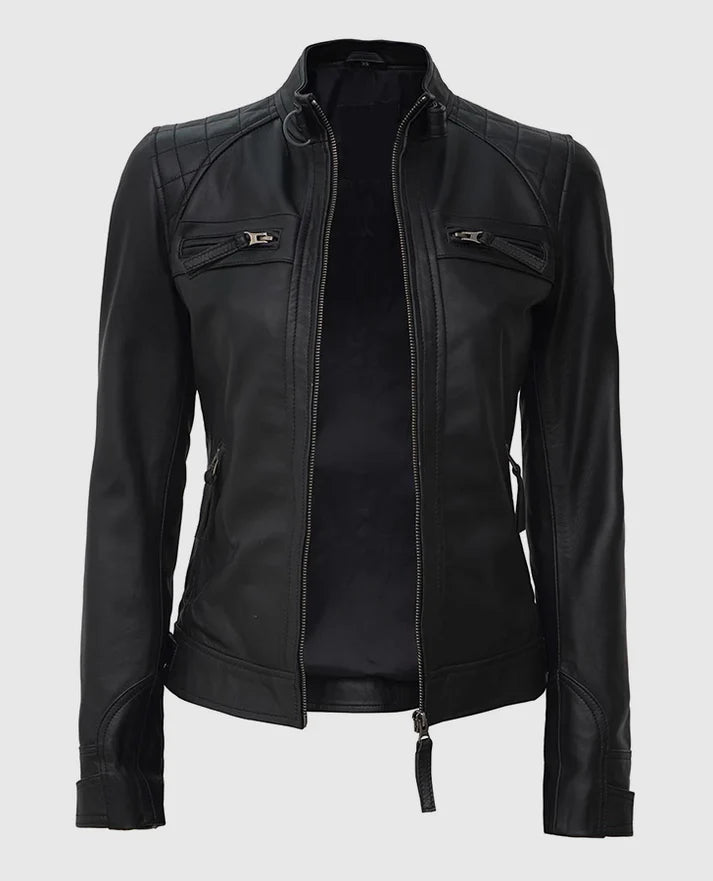 Women's Black Quilted Cafe Racer Leather Jacket