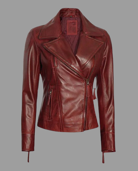 Women's Maroon Asymmetrical Biker Leather Jacket