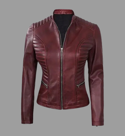 Women's Maroon Leather Cafe Racer Jacket