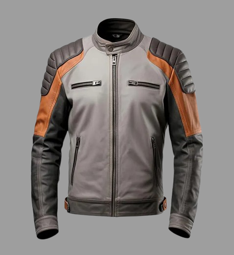 Men’s Grey Brown Motorbike Rider Leather Jacket
