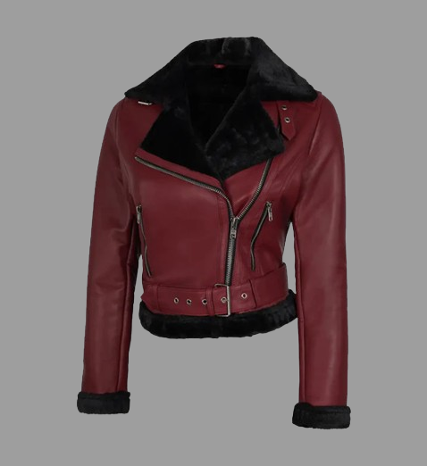 Women's Maroon and Black Biker Shearling Leather Jacket