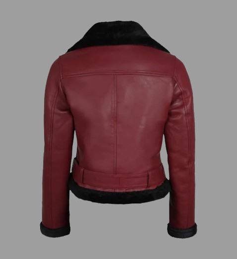 Women's Maroon and Black Biker Shearling Leather Jacket