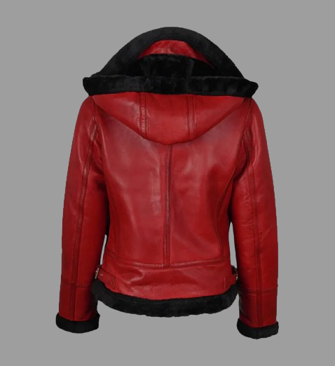 Women's Red Bomber Shearling Leather Jacket with Hood