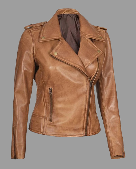 Kirsten Women's Asymmetrical Camel Brown Real Leather Jacket