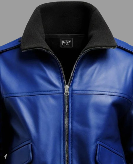 Men's Blue Leather Bomber Jacket
