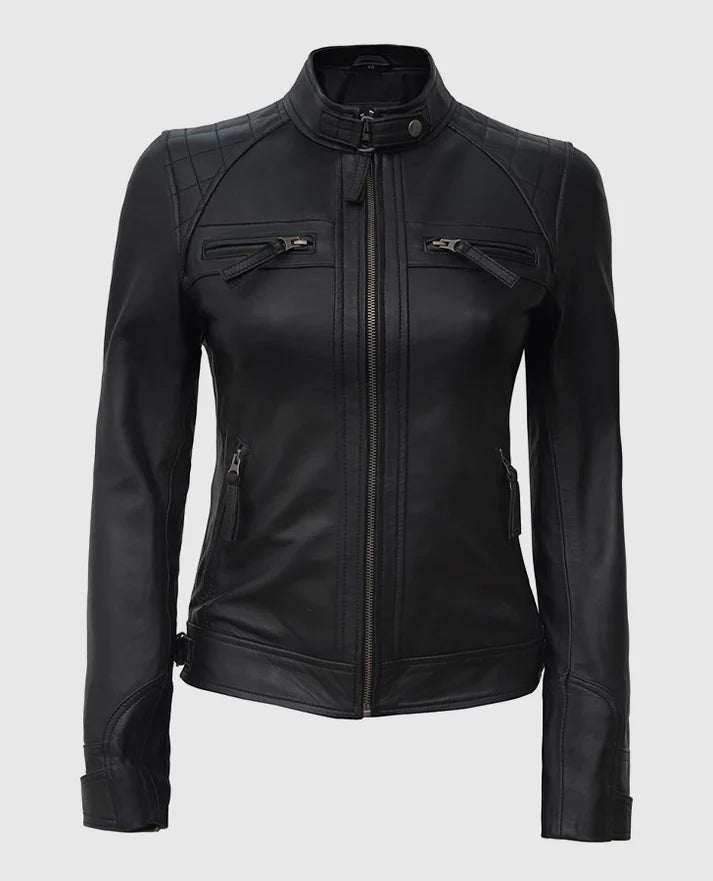 Women's Black Quilted Cafe Racer Leather Jacket