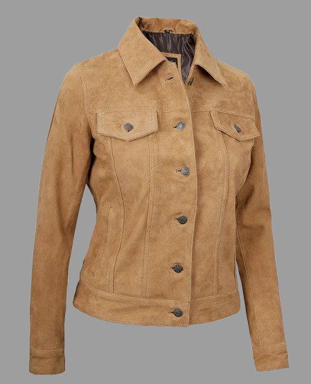 Women's Light Brown Suede Leather Trucker Jacket