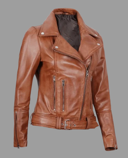 Women's Light Brown Asymmetrical Leather Biker Jacket - Belted