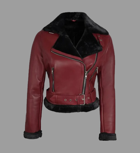 Women's Maroon and Black Biker Shearling Leather Jacket