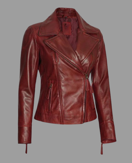 Women's Maroon Asymmetrical Biker Leather Jacket