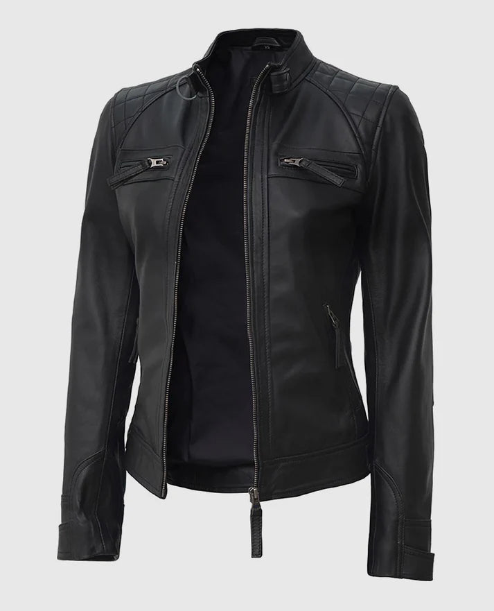 Women's Black Quilted Cafe Racer Leather Jacket