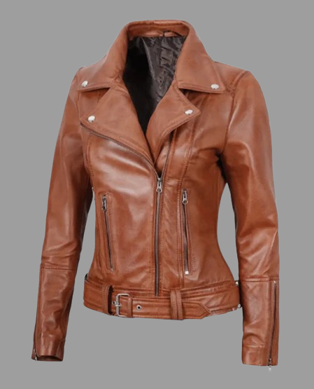 Women's Light Brown Asymmetrical Leather Biker Jacket - Belted