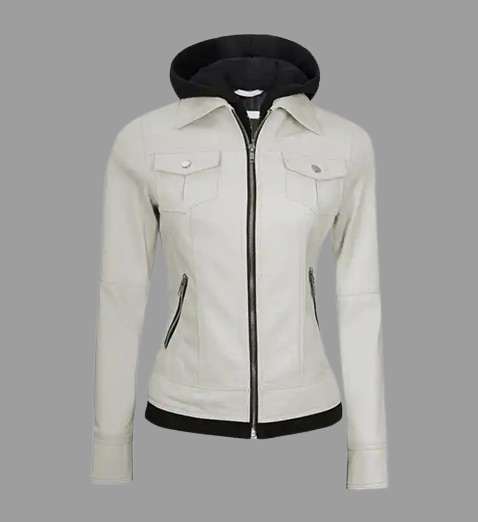 Women's Off White Leather Jacket With Hood