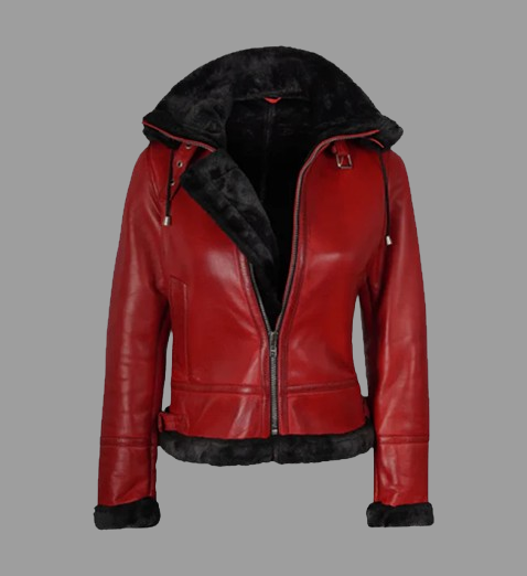 Women's Red Bomber Shearling Leather Jacket with Hood