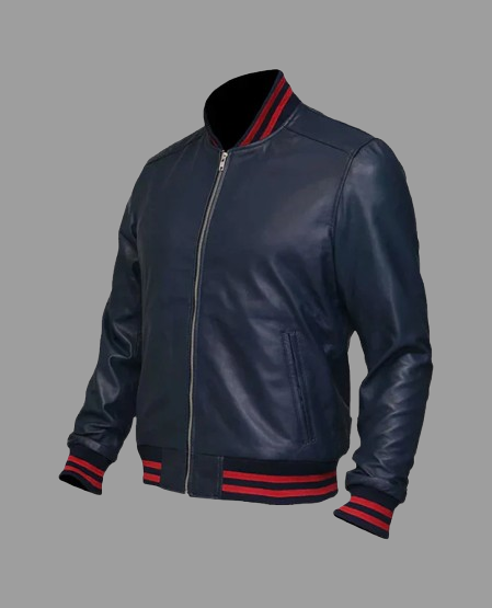 Men's Blue Sheepskin Leather Varsity Bomber Jacket