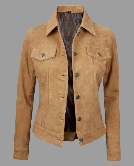 Women's Light Brown Suede Leather Trucker Jacket