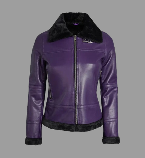 Women's Purple Shearling Leather Bomber Jacket