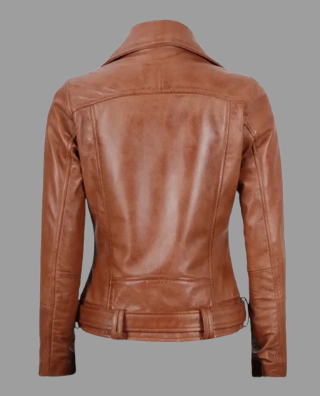 Women's Light Brown Asymmetrical Leather Biker Jacket - Belted