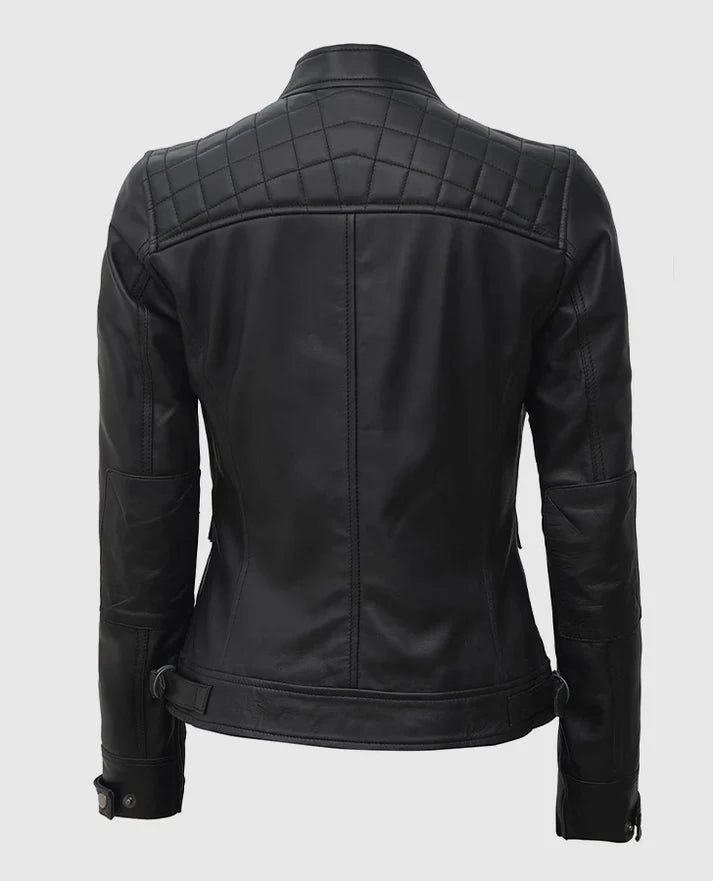 Women's Black Quilted Cafe Racer Leather Jacket