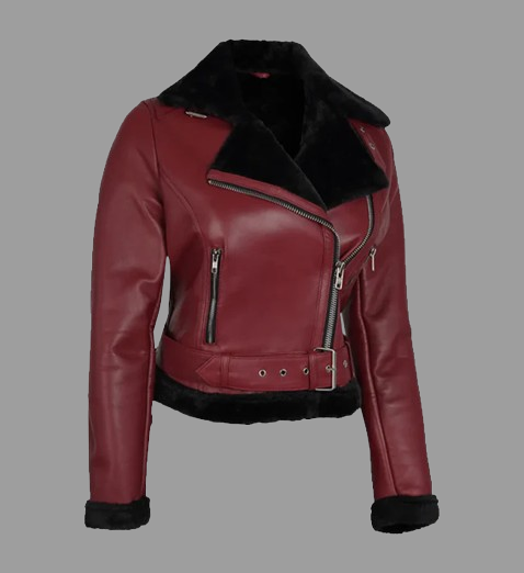 Women's Maroon and Black Biker Shearling Leather Jacket