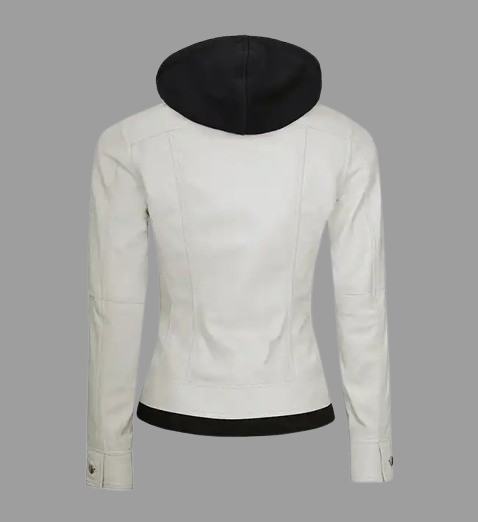 Women's Off White Leather Jacket With Hood