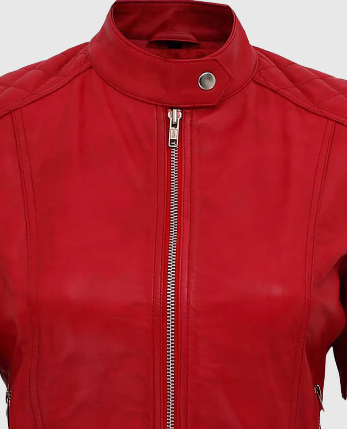 Women's Red Quilted Biker Leather Jacket