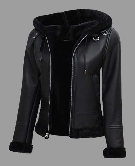 Women's Black Shearling Leather Jacket with Hood