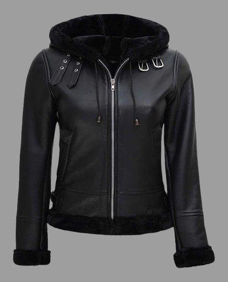 Women's Black Shearling Leather Jacket with Hood