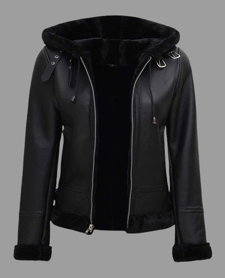 Women's Black Shearling Leather Jacket with Hood