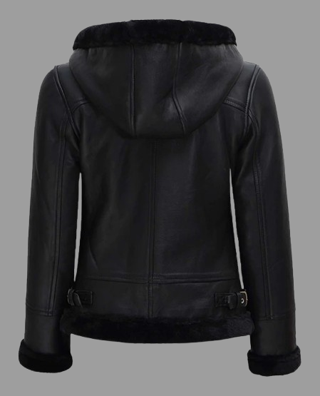 Women's Black Shearling Leather Jacket with Hood
