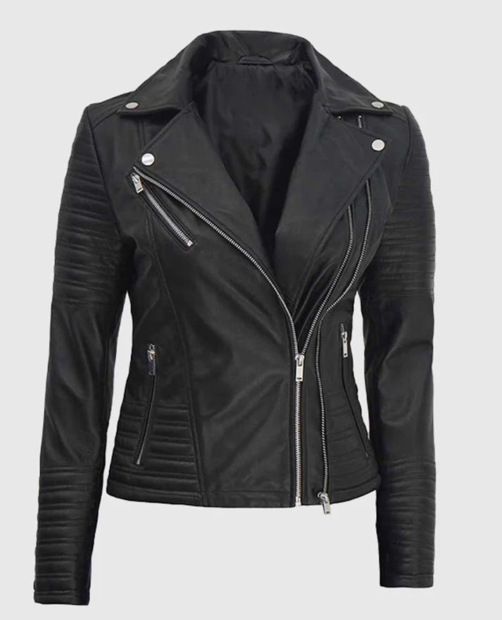 Women's Asymmetrical Quilted Black Biker Leather Jacket
