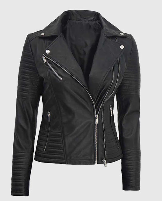 Women's Asymmetrical Quilted Black Biker Leather Jacket