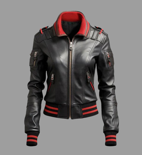 Women’s Black & Red Bomber Leather Jacket
