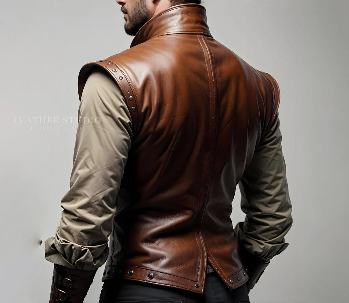 Custom Brown Leather Cosplay Vest for Men, Men's Designer Brown Cosplay Vest Breezion Brown Leather Cosplay Waistcoat Custom Fit Cosplay Vest