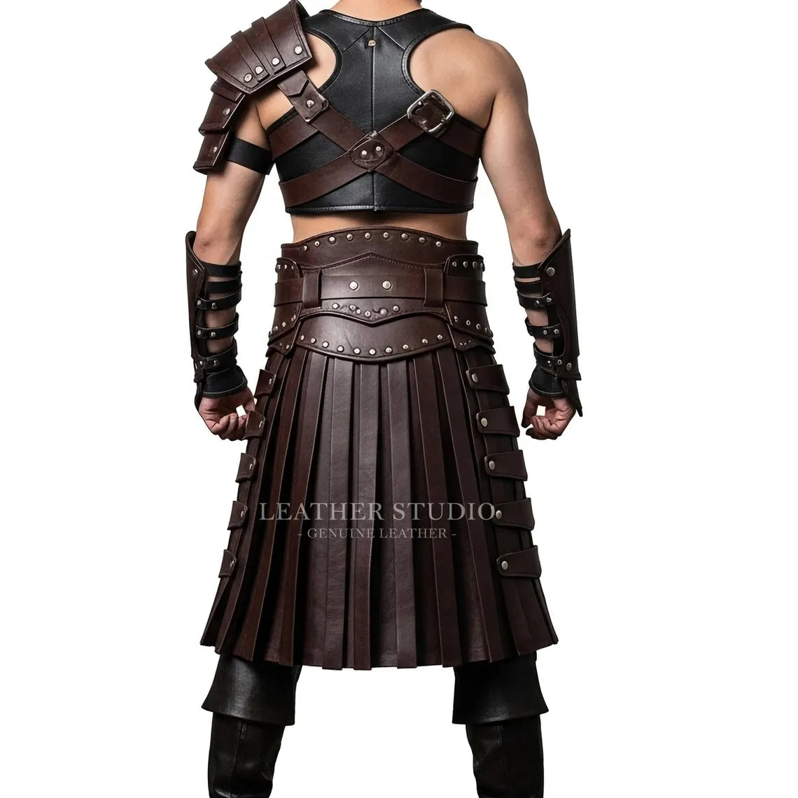 Men’s Brown Leather Kilt Armor Set | Gladiator Warrior Barbarian Outfit | Medieval Renaissance LARP & Fantasy Cosplay Costume | Custom Made