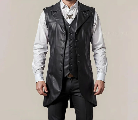 Handmade Black Leather Double Long Vest for Men  Unique Layered Leather Vest  Custom Cosplay Vest  Edgy Avant-Garde Leather Vest