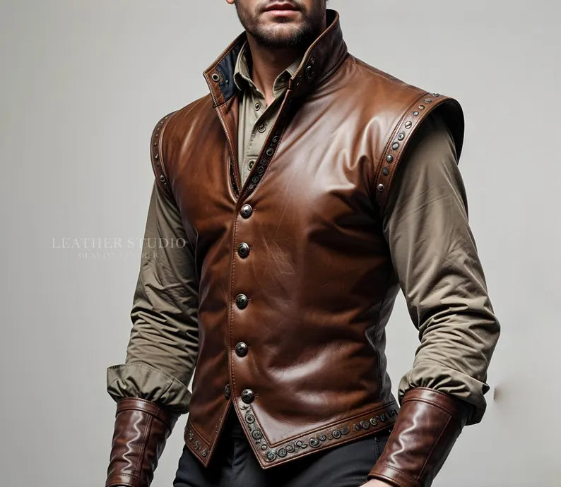 Custom Brown Leather Cosplay Vest for Men, Men's Designer Brown Cosplay Vest Breezion Brown Leather Cosplay Waistcoat Custom Fit Cosplay Vest